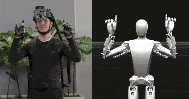 Side-by-side comparison of a person in a motion capture suit and a robotic avatar mimicking their hand gestures in real time, demonstrating motion tracking and human-robot interaction.