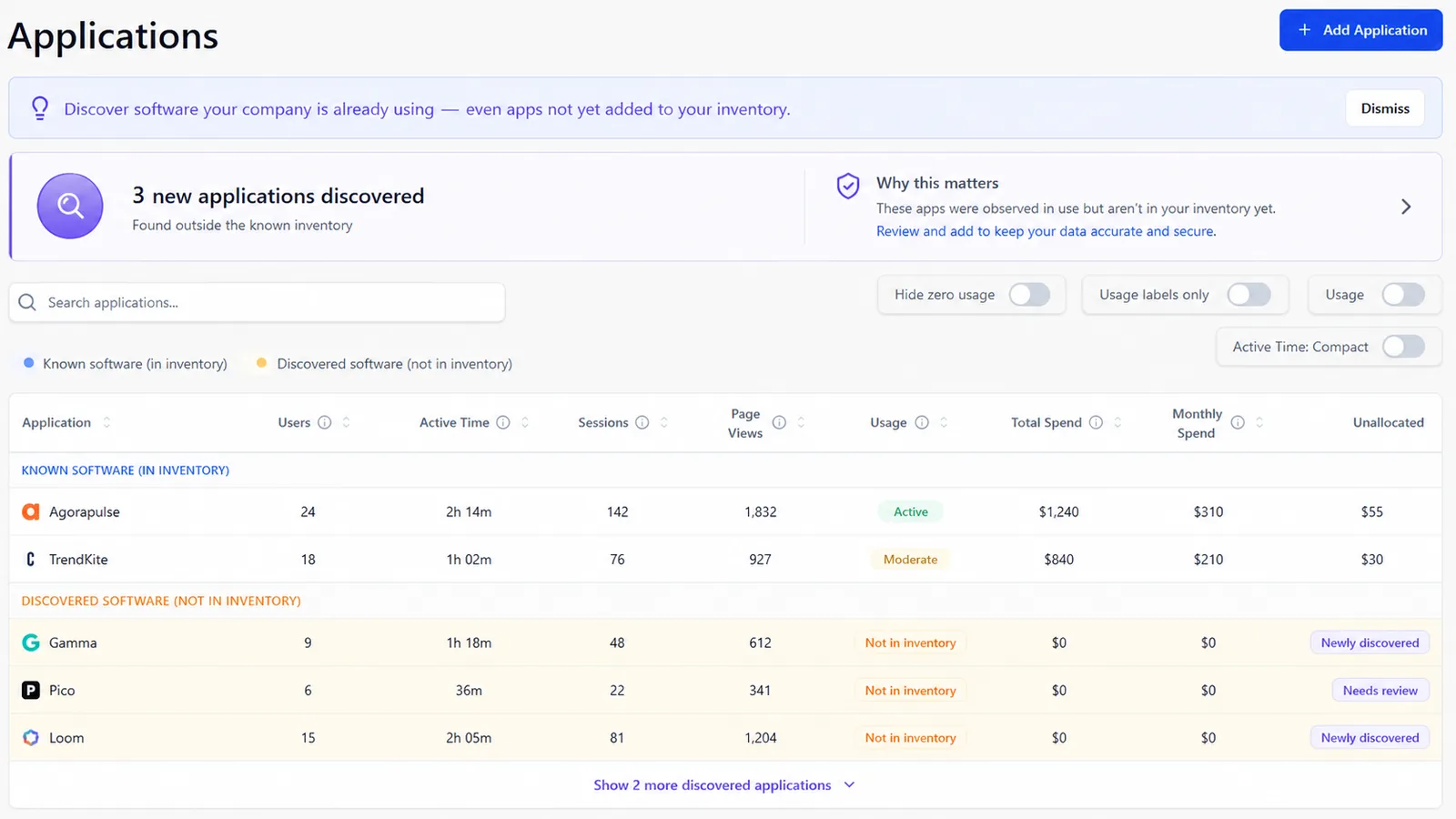 Nicklpass Applications view showing newly discovered software not yet in inventory
