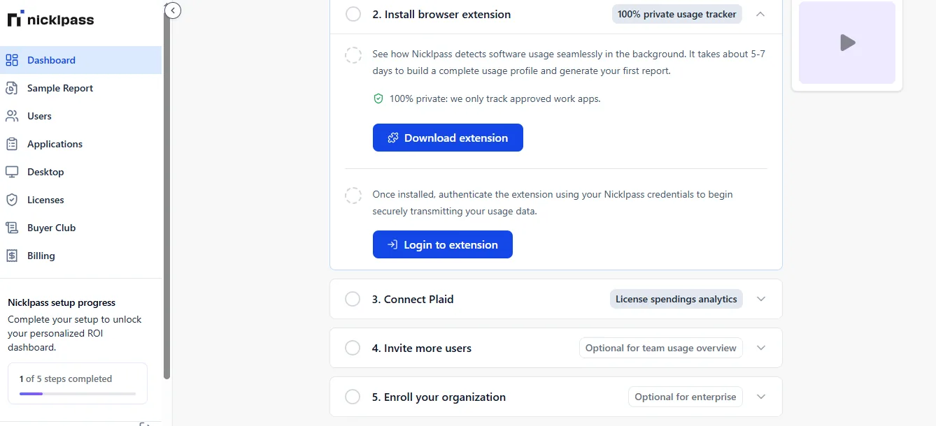 Nicklpass setup dashboard showing the browser-extension installation step, buttons to download and log in to the extension, and additional steps for connecting Plaid, inviting users, and enrolling the organization