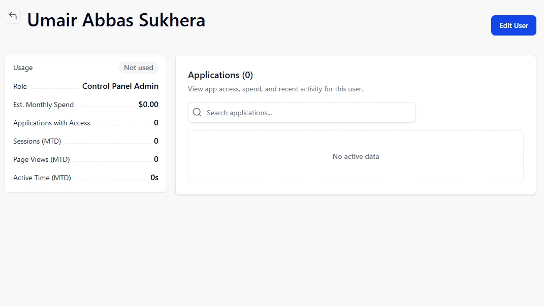 Nicklpass user profile showing the Control Panel Admin role, application access, activity, and estimated monthly spend