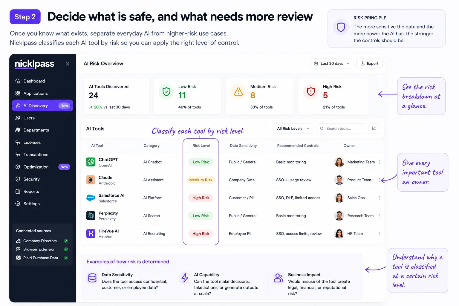 Nicklpass AI risk overview classifying tools as low, medium, or high risk with recommended controls and owners