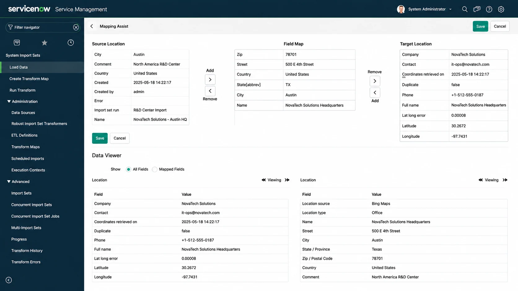 ServiceNow subscription discovery mapping source location data to target entitlement records