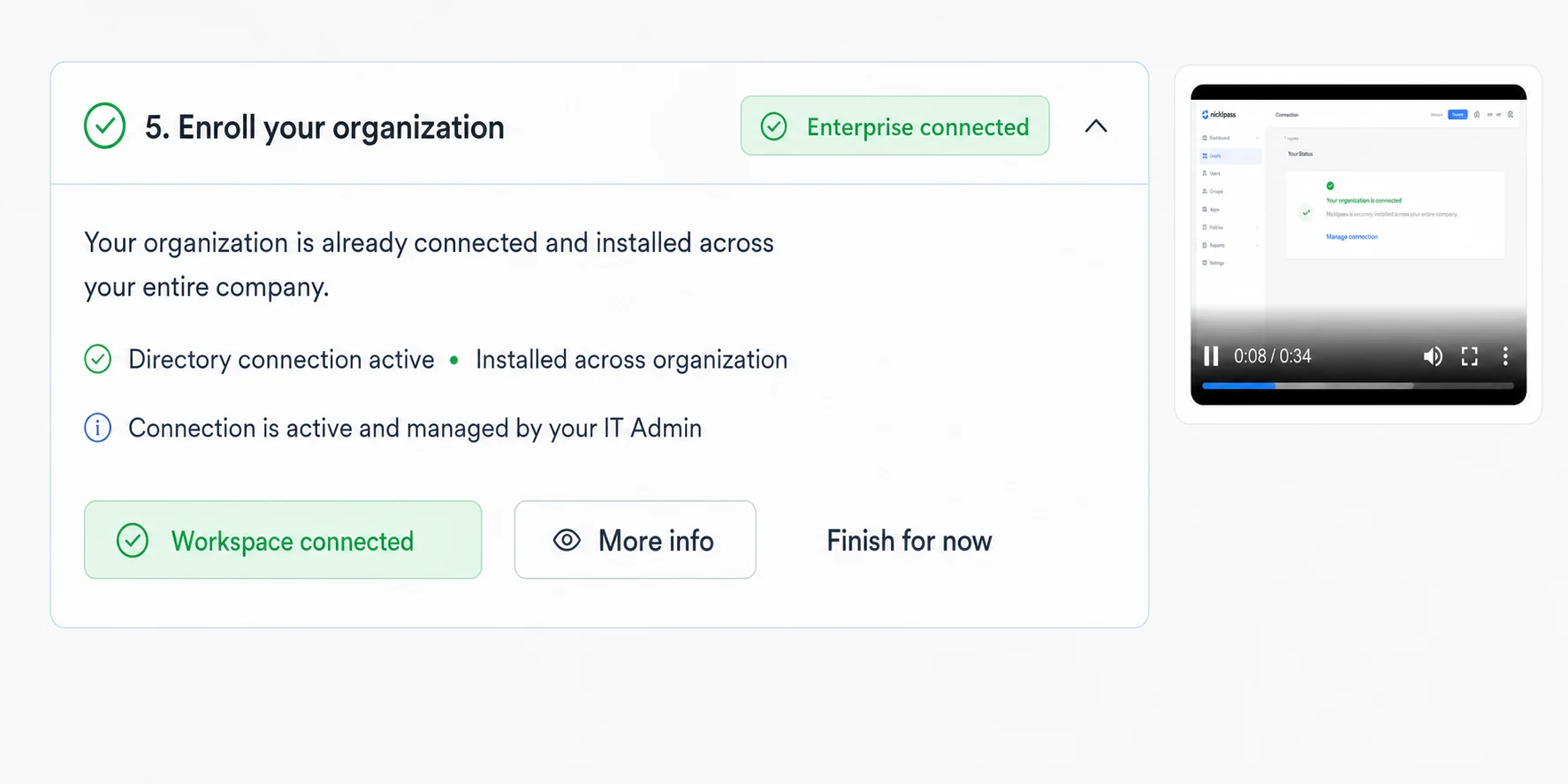 Nicklpass enterprise onboarding showing organization-wide connection and deployment status