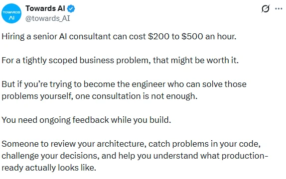 Tweet on senior AI consultant hourly rates ranging from $200 to $500 an hour