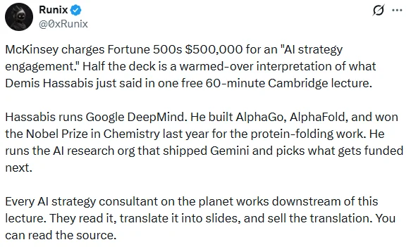 Tweet noting McKinsey charges Fortune 500s $500,000 for an AI strategy engagement