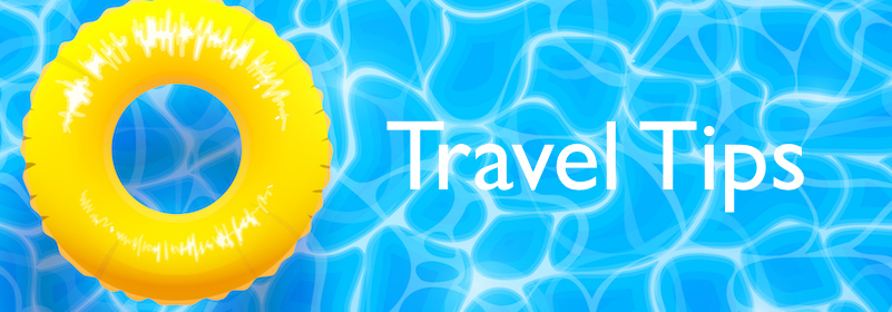Water pool summer background with yellow pool float ring. Blue aqua textured background. Text reads, "Travel tips." 