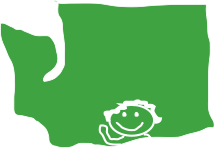 map of Washington State with a sitck figure waving