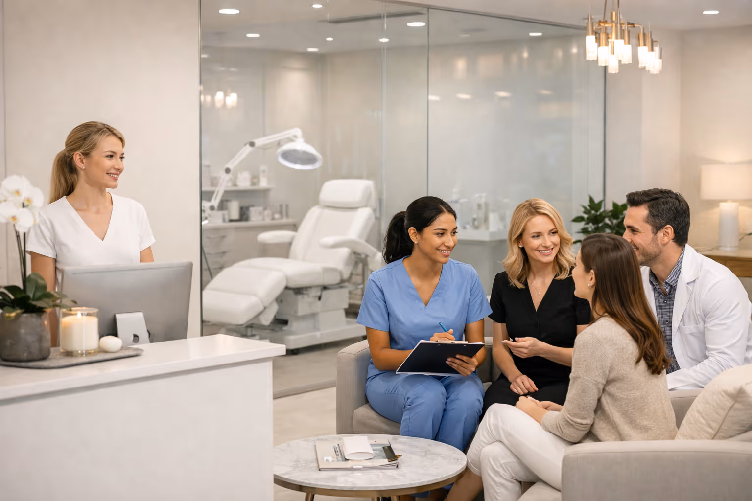Modern Medical Spa Interior with Receptionist and Professionals