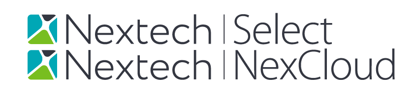 Nextech Select and Nextech NexCloud text logos with a blue and green abstract icon.
