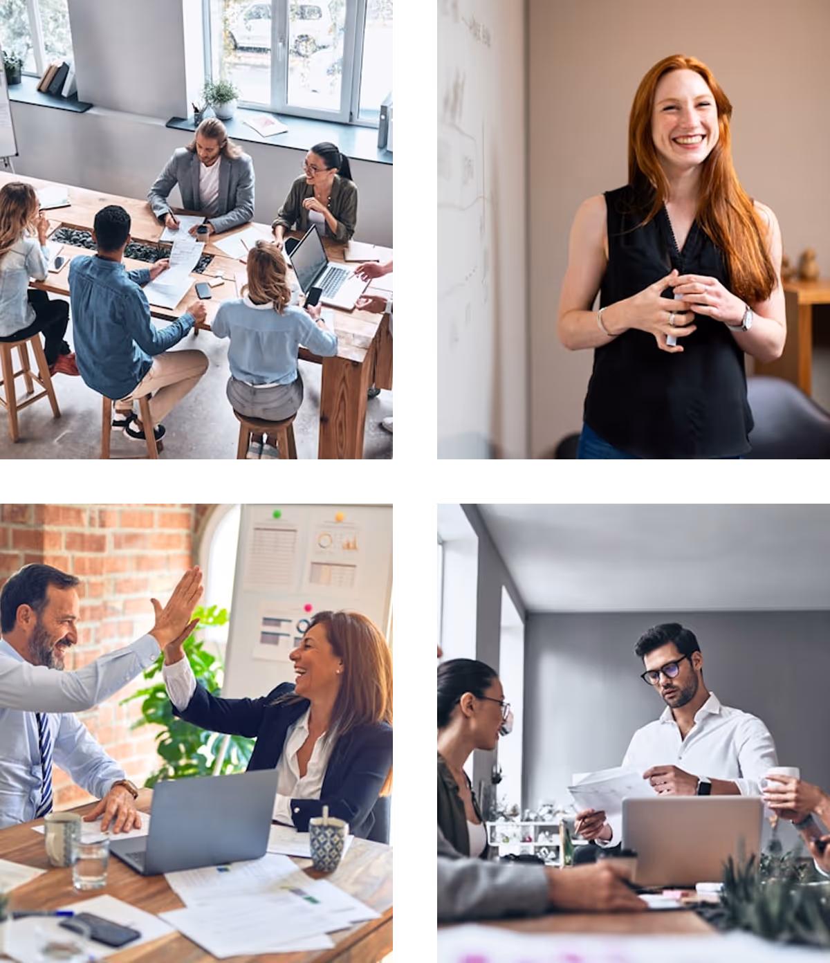 Four images showing Nextech professionals collaborating, discussing papers, high-fiving, and presenting in an office.