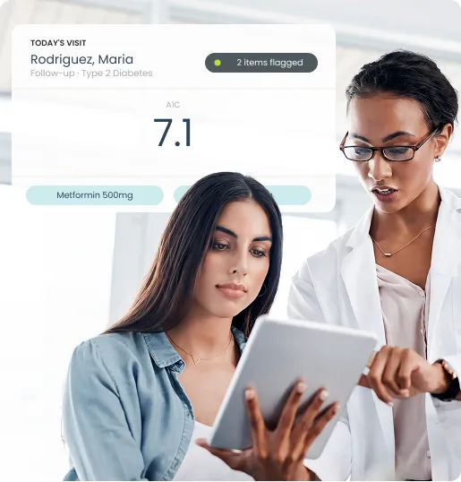Doctor and patient looking at tablet with diabetes follow-up info including A1C 7.1 and medication Metformin 500mg.