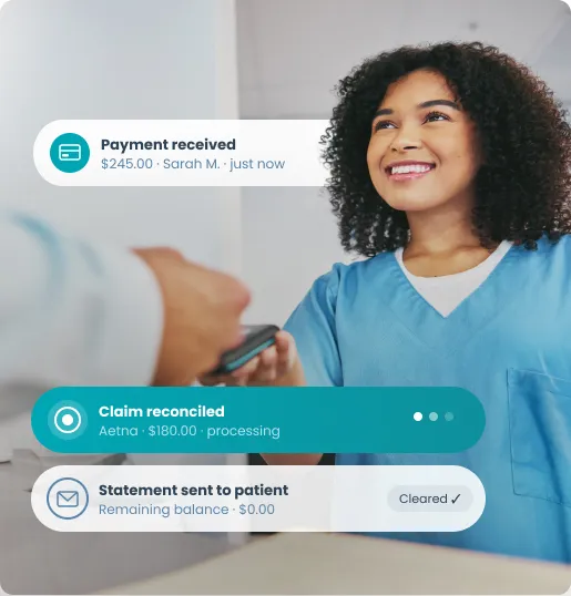 Smiling healthcare worker in blue scrubs receiving payment with digital payment and claim status overlays.