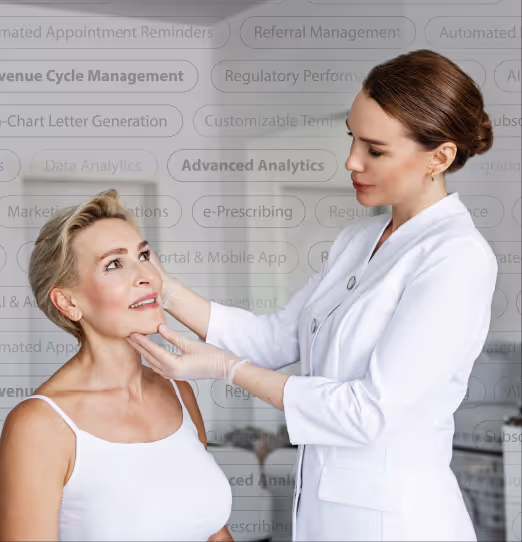 Female doctor in white coat examining the face of a seated woman in a clinical setting.