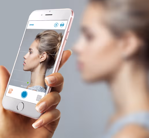 Person holding smartphone scanning side profile of a woman's face using facial recognition app.