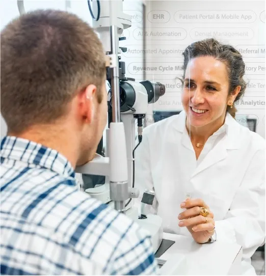 Eye doctor examining a male patient using a slit lamp device in a clinic.