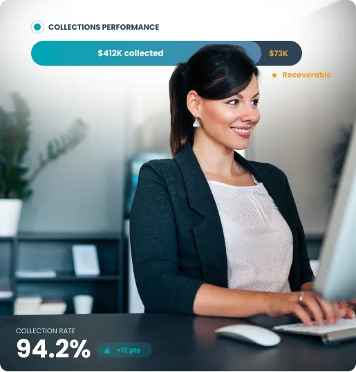 Woman in business attire smiling and working on a computer with collections performance and rate stats overlay.