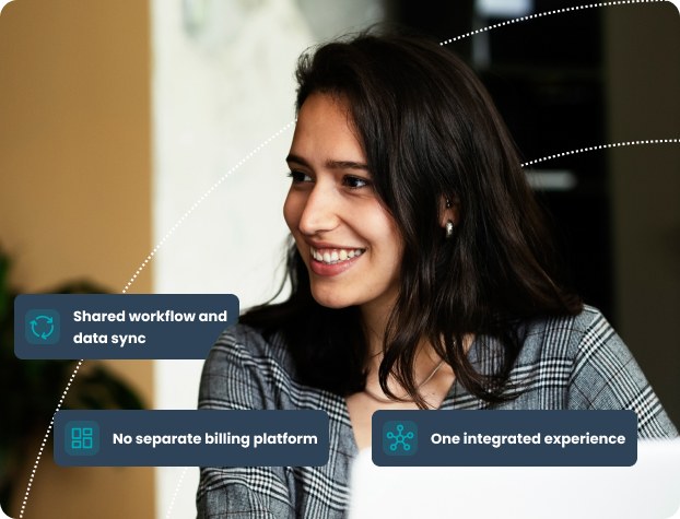 Smiling woman in checkered jacket with text boxes about workflow, billing platform, and integrated experience.