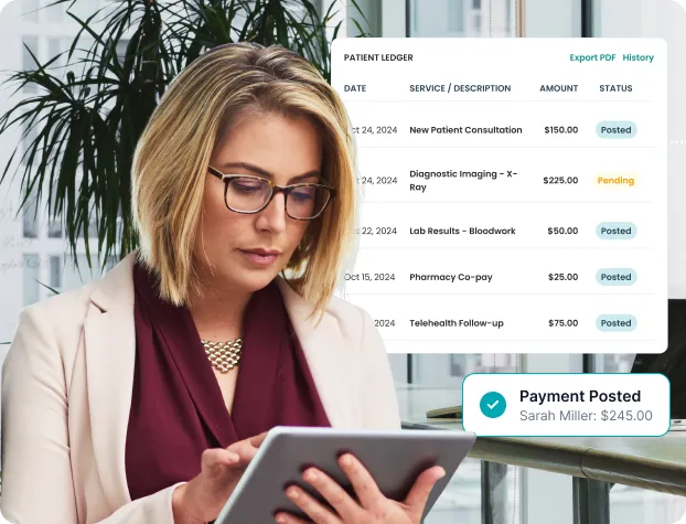 Woman using a tablet with a patient ledger and payment confirmation overlay showing medical charges and status.