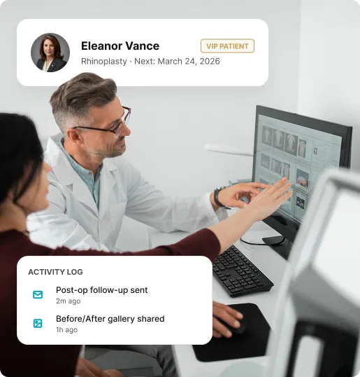 Doctor and patient reviewing medical images on a computer, with patient details and activity log overlayed.