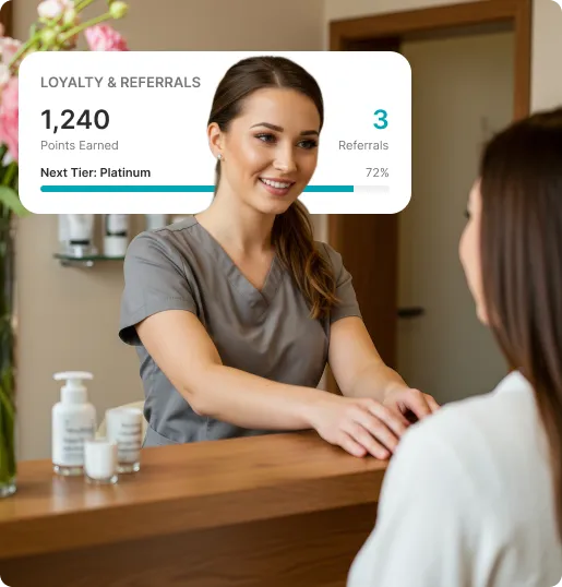 Smiling woman in gray scrubs holding hands of a client across a wooden counter in a wellness setting.