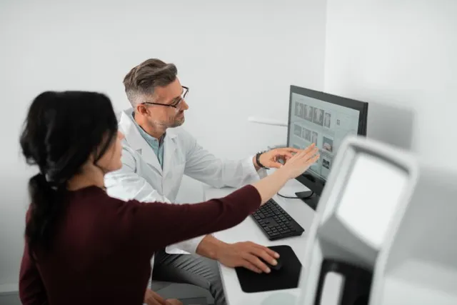 Doctor and patient sitting at a desk looking at medical images on a computer screen.