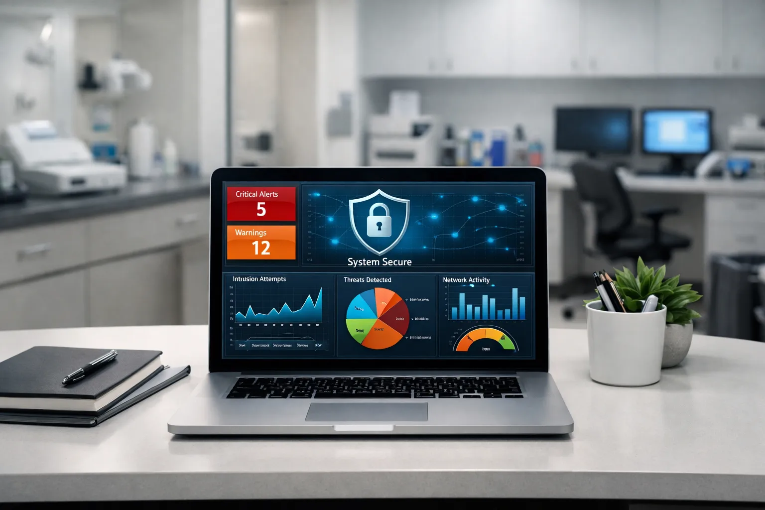 Laptop on desk showing cybersecurity dashboard with alerts, threats, network activity, and system secure icon.