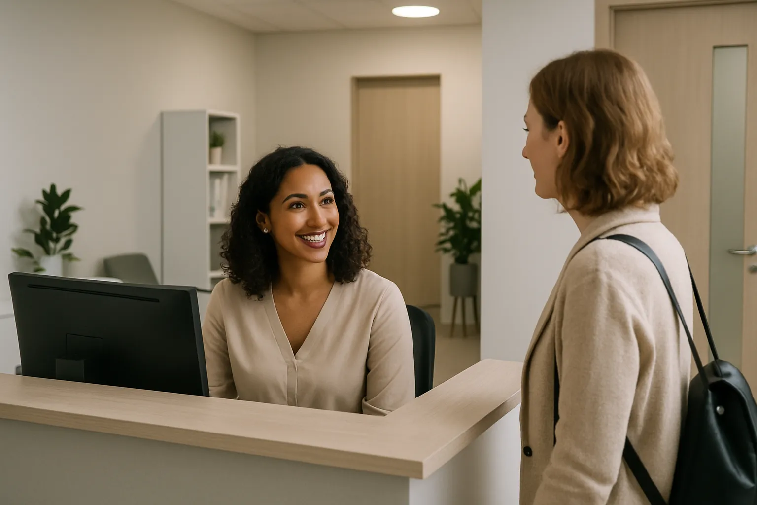 Smiling receptionist talking to a visitor at a modern reception desk in a clean, bright office.