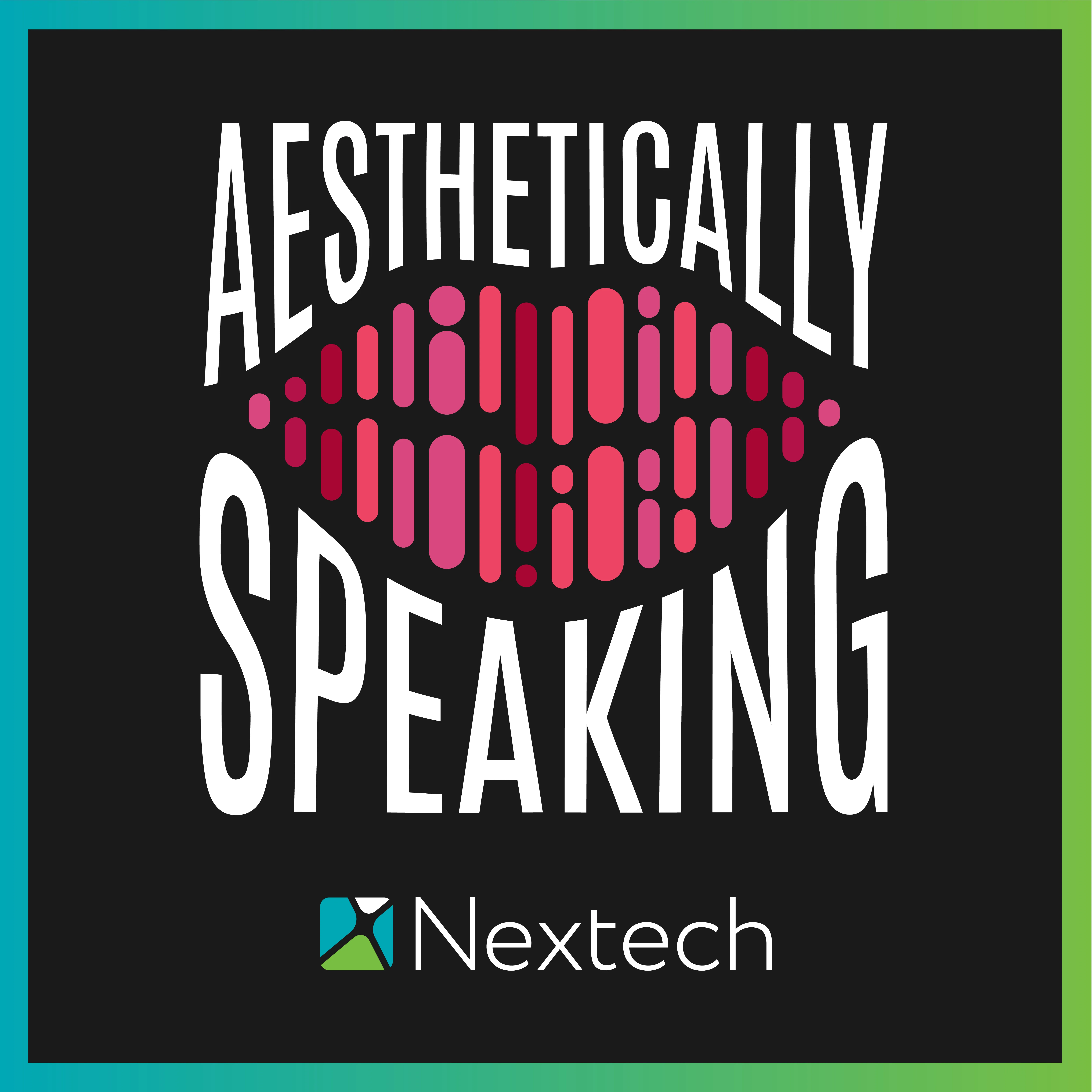 Aesthetically Speaking podcast logo with stylized pink lips and Nextech logo on black background.