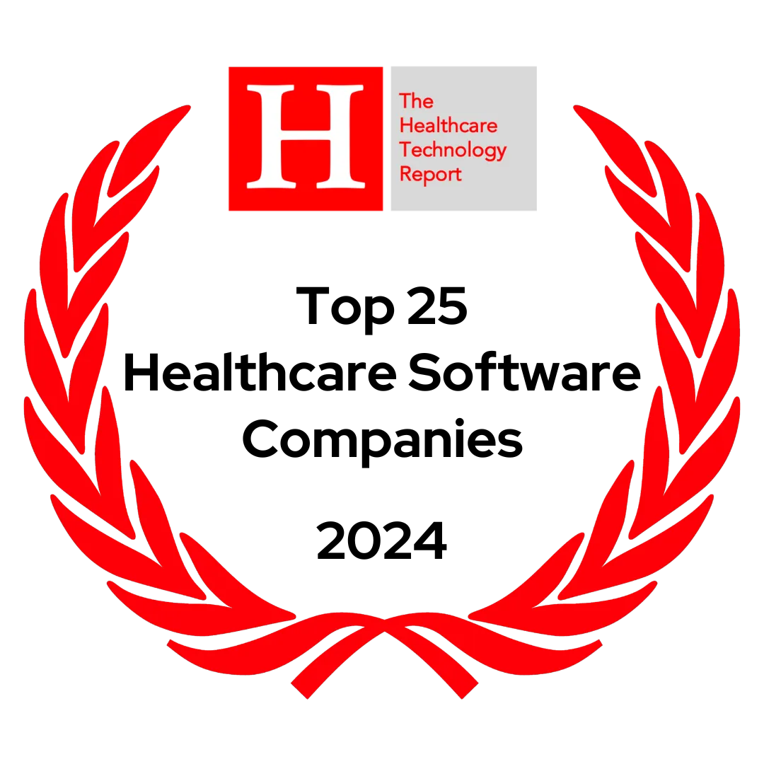 The Healthcare Technology Report logo with a red laurel wreath surrounding text on a black background.