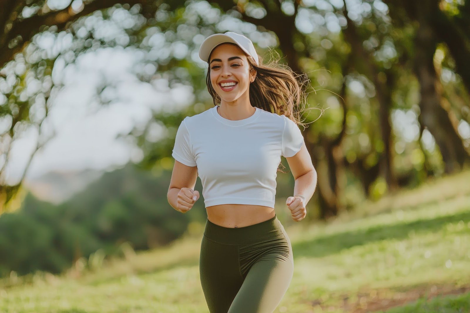 A woman running outdoors in a white crop top and green leggings.