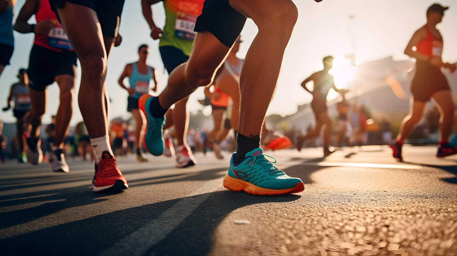 Runners with colorful shoes in a race, captured during sunset.