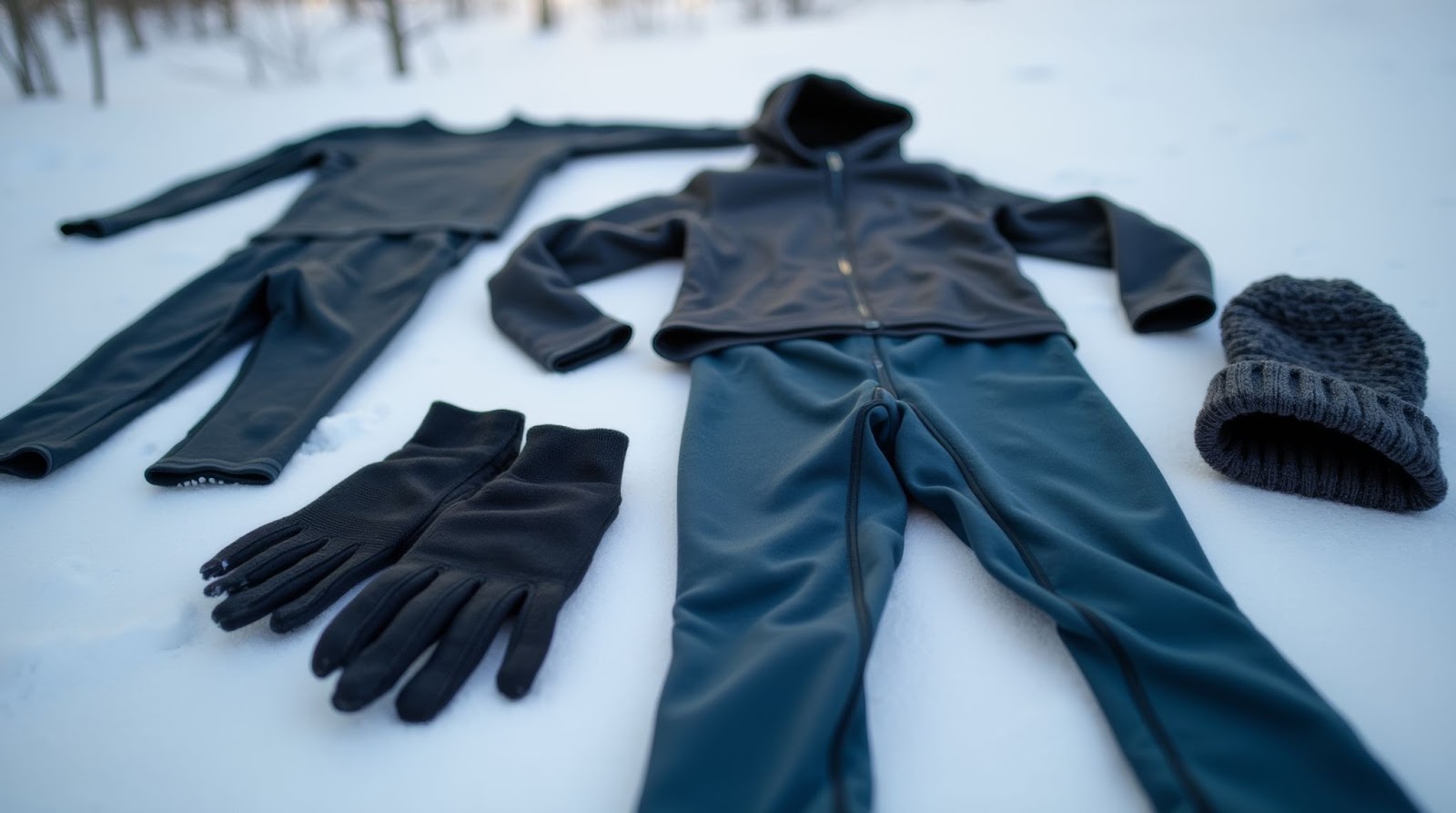  Gemini said A selection of dark-colored winter running gear, including thermal pants, a hooded jacket, gloves, and a beanie, is laid out on a fresh layer of snow.