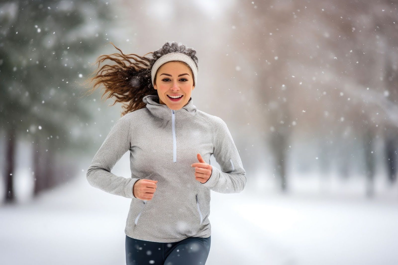 A woman in a grey thermal jacket and headband smiles while running through a gentle snowfall in a winter park.