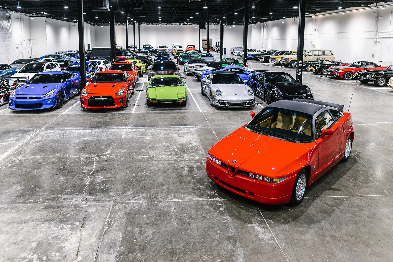 An image showing the full showroom storage floor at Millrace Motor Club
