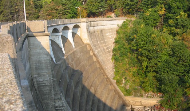 A large bridge over a river next to a forest.
