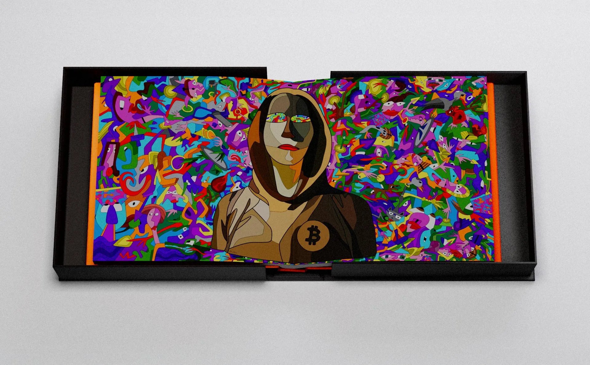 Colorful surreal artwork featuring various human and animal figures, objects, and symbols centered around the phrase 'Not Your Keys Not Your Bitcoins' displayed on a banner.