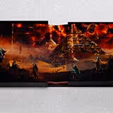 Colorful, detailed illustration of various animated characters in a lively, crowded indoor scene with banners and vibrant lighting.