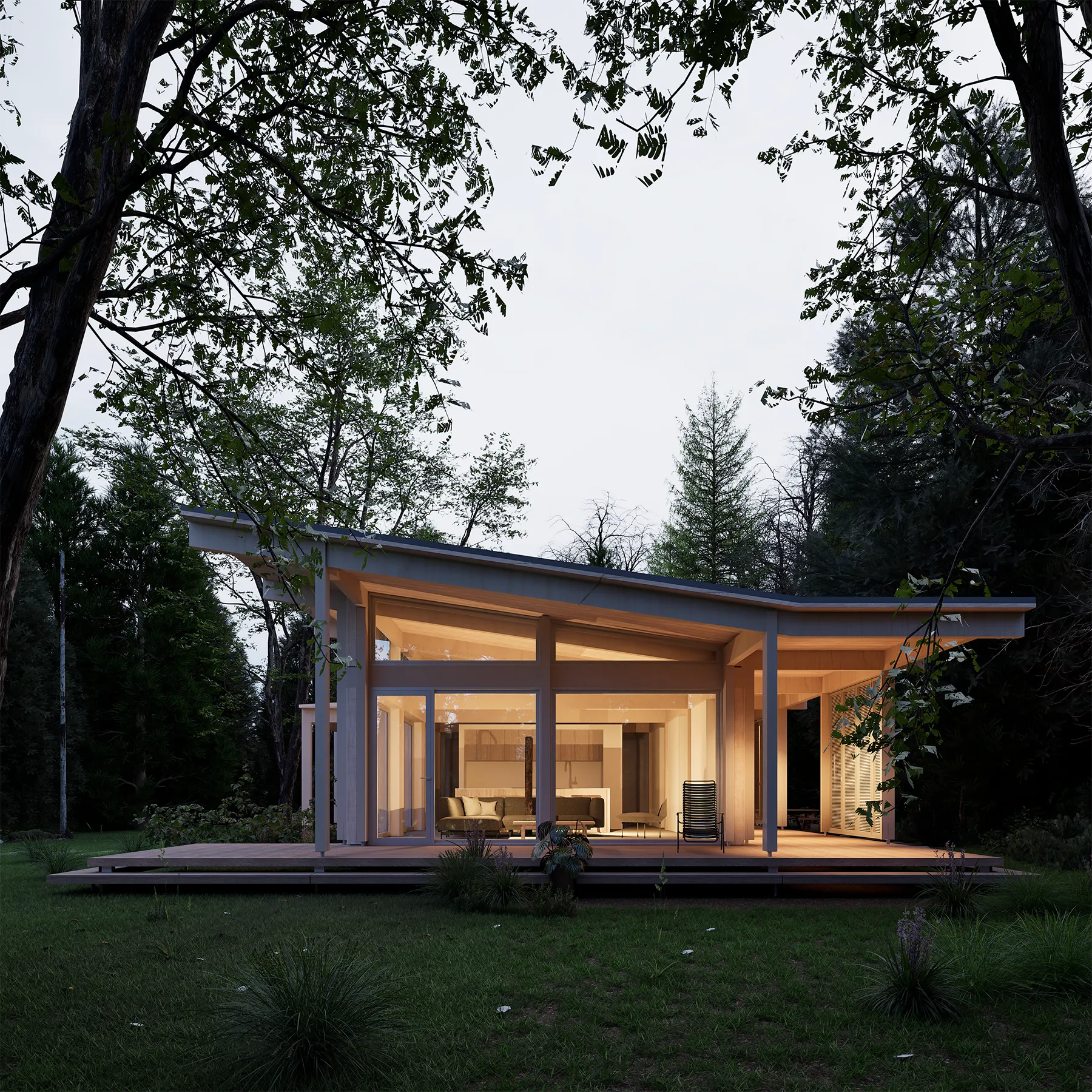 Maison modulaire éco-conçue OKIO en bois d'ingénierie CLT avec galerie, baie vitrée traversante et terrasse en forêt