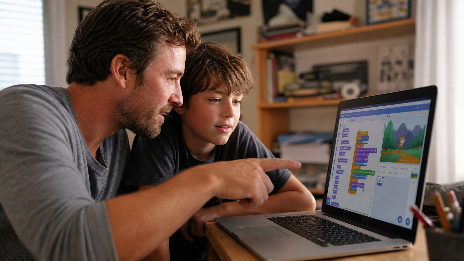 A parent and child sitting together at a home desk, both looking at a laptop screen showing a colorful block coding environment, afternoon light in a cozy room with bookshelves