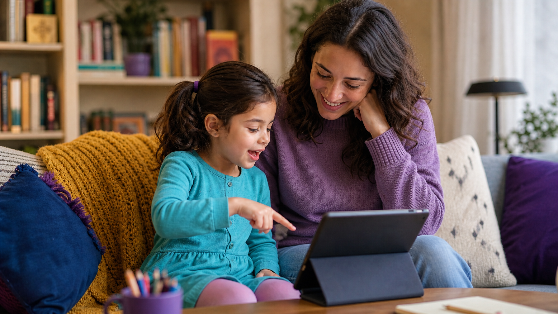 Young child engaged in an online reading class on a laptop at home, parent sitting nearby, screen angled away from camera