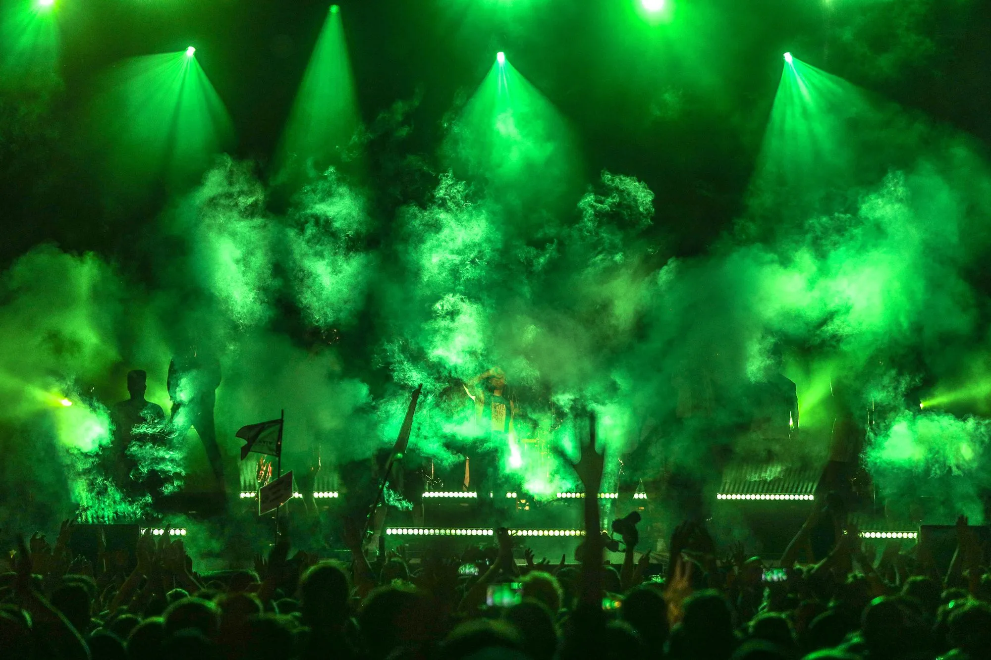 A large crowd enjoys a concert with vibrant green lights and smoke effects on stage.