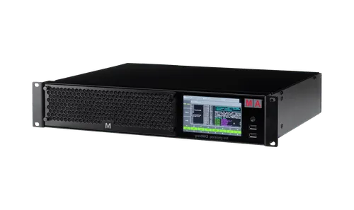 A black electronic server with a front panel showing a screen displaying software and USB ports.