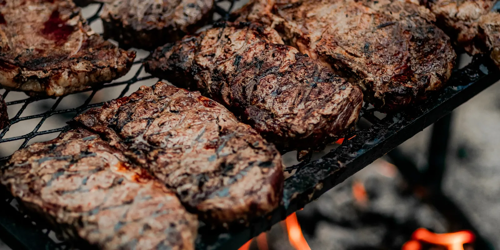 Grilled steaks on the fire grate