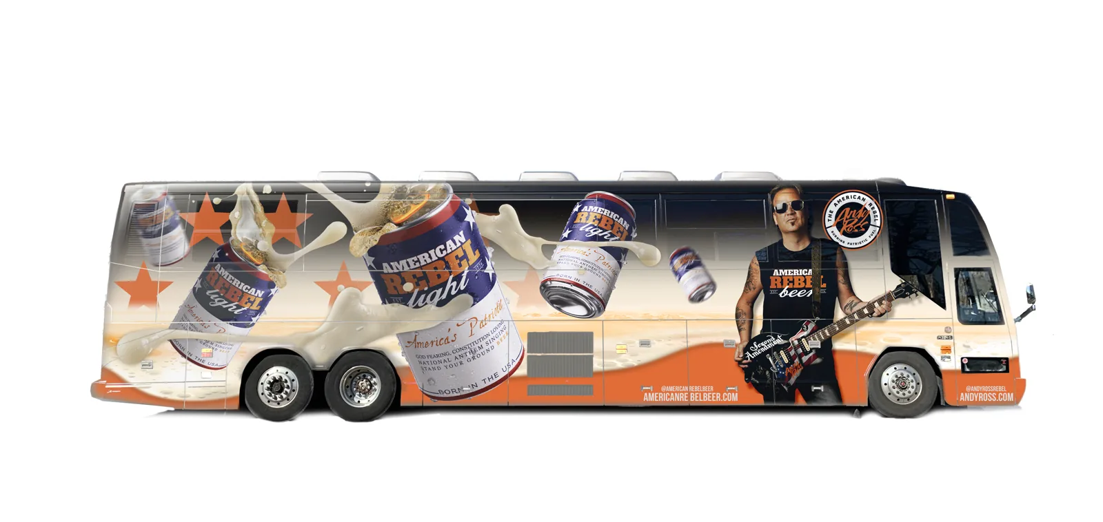 American Rebel Beer tour bus wrap with Andy Ross