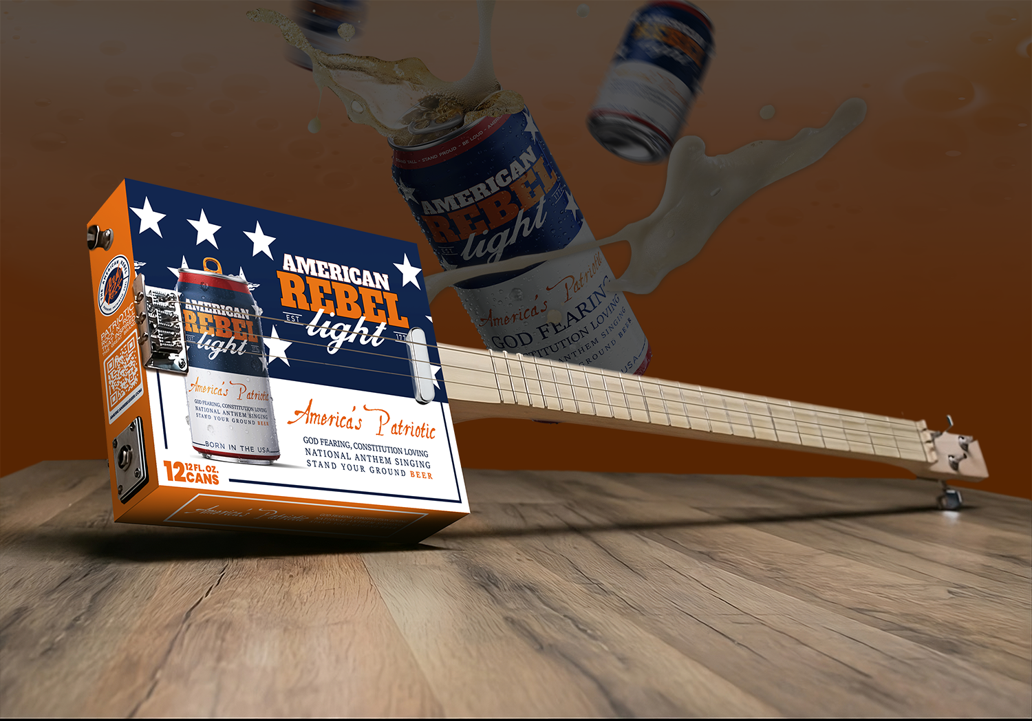 American Rebel Beer cigar box guitar