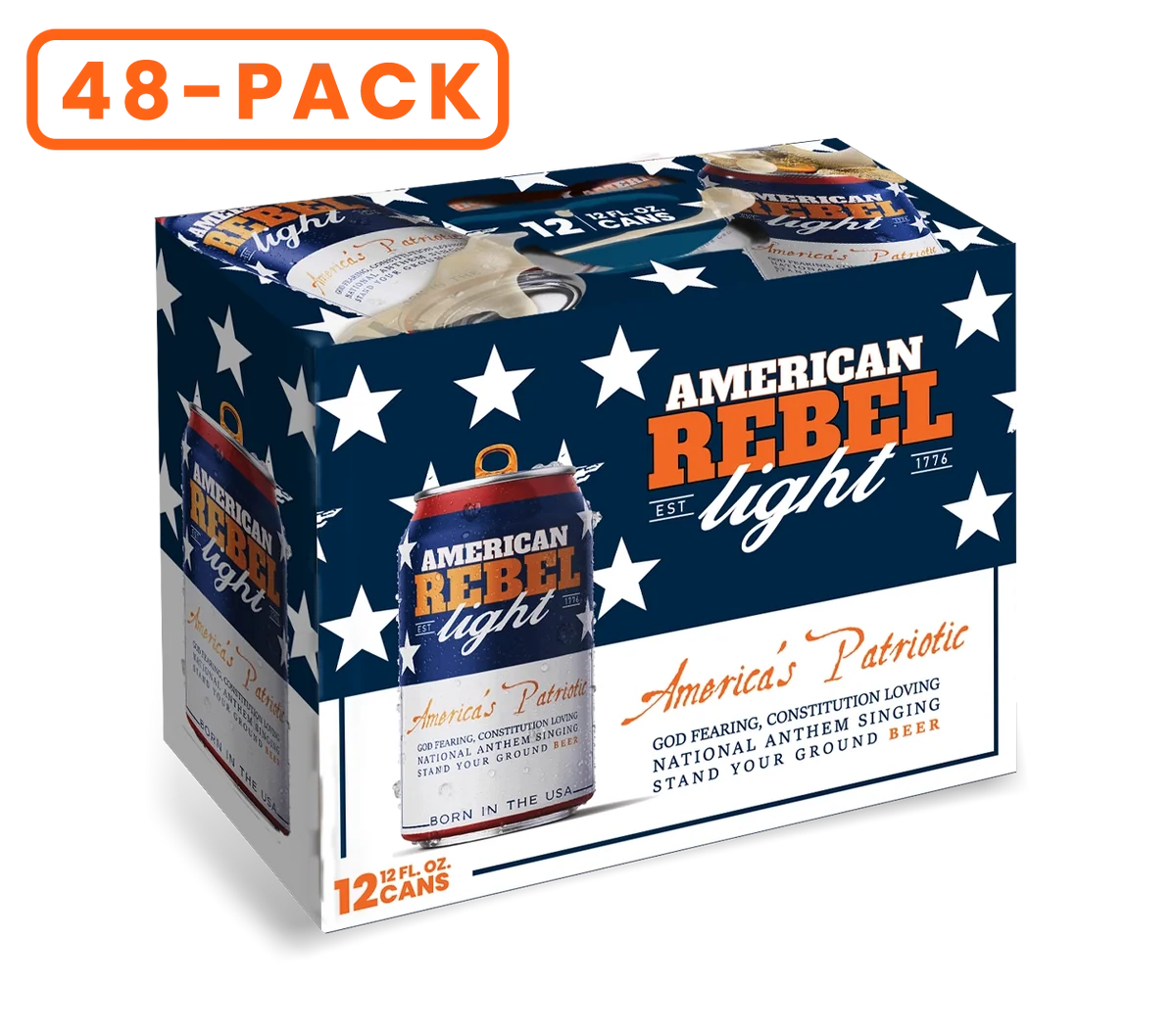 American Rebel Light 12-pack and 48-pack can boxes by Born Movement