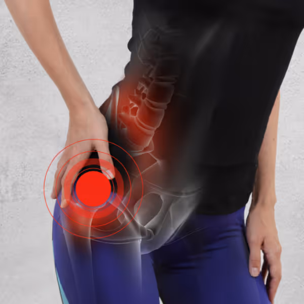 Person holding their hip with highlighted red area indicating hip pain and skeletal structure visible.