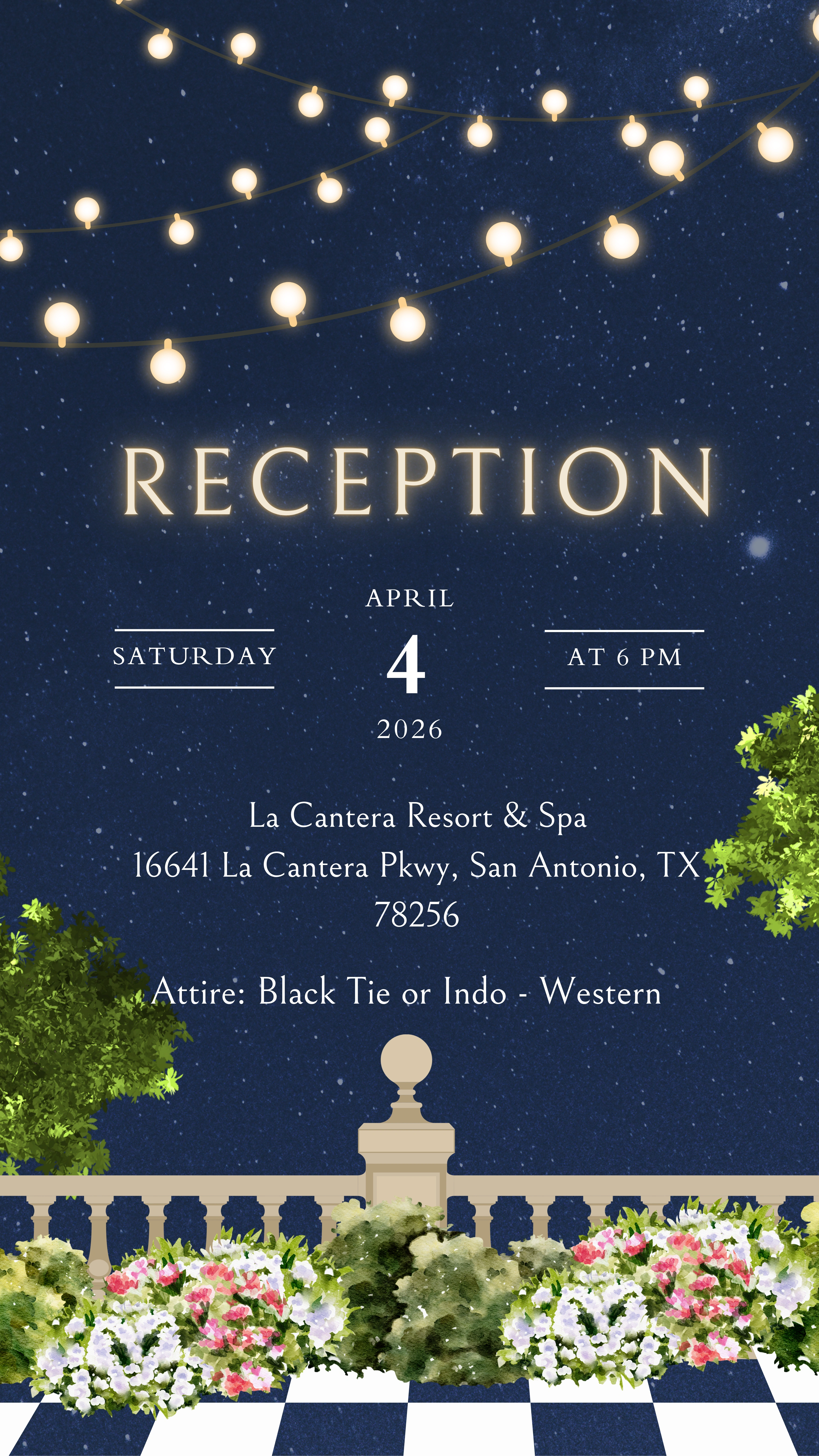 Evening reception invitation with string lights, floral garden, and details of date, time, location, and attire.