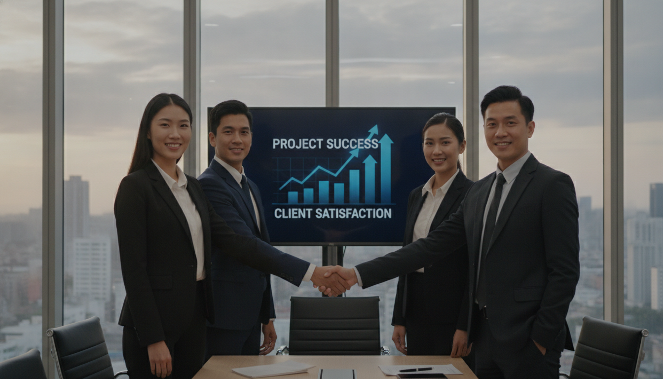 In a bustling, modern office environment, a diverse group of five professional individuals, dressed in smart business attire, stand together with confident smiles, symbolizing success and collaboration. In the foreground, a handshake between two partners signifies a fruitful client relationship. In the middle ground, a large screen displays a dynamic graph with upward trends indicating growth and satisfaction. The background features large windows with a city skyline, bathed in warm, natural light, creating an inviting atmosphere. The scene captures an air of accomplishment and professionalism, emphasizing a successful general contracting experience with satisfied clients, showcasing their unity and trust within the industry. The composition is vibrant and focused, conveying optimism and reliability in contracting services.
