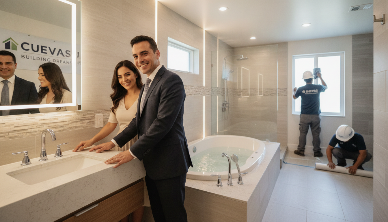 A warm and inviting bathroom remodel scene showcasing a satisfied couple admiring their newly renovated space by Cuevas Construction. In the foreground, the couple, dressed in professional business attire, smiles as they explore elegant fixtures and stylish tiles. The middle ground features a beautifully designed bathroom with modern lighting, a sleek vanity, and a luxurious soaking tub, all in soft, neutral tones that convey tranquility. In the background, faint outlines of workers can be seen completing finishing touches, emphasizing the professionalism of the construction team. The lighting is bright and welcoming, illuminating the details of the decor. The atmosphere exudes satisfaction and success, capturing the essence of a positive customer experience.